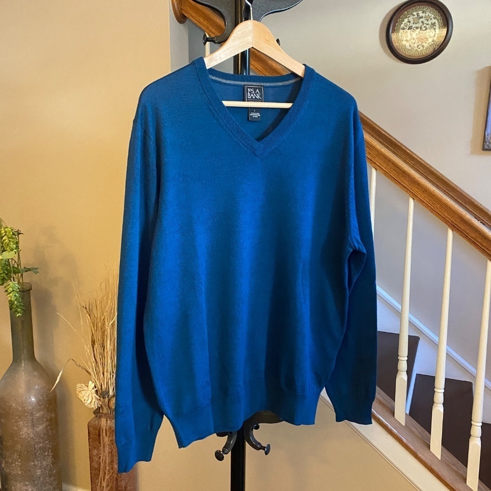 JOS A BANK Men's V-Neck Pullover Sweater Teal Blue 100% Merino Wool Size Large